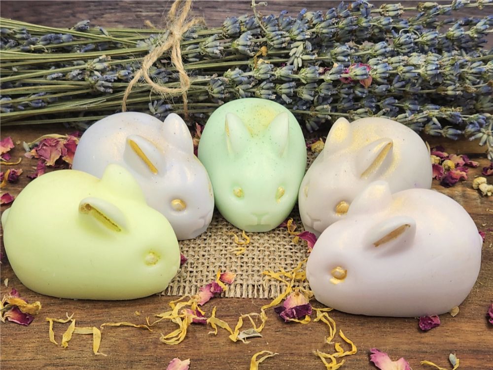 Bunny Rabbit Soap Set, 5 Soaps,Lavender, Chamomile, Buttermilk/Honey, Soft Floral, Apple Pie Fragrances. 250 Grams