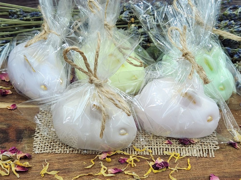 Bunny Rabbit Soap Set, 5 Soaps,Lavender, Chamomile, Buttermilk/Honey, Soft Floral, Apple Pie Fragrances. 250 Grams
