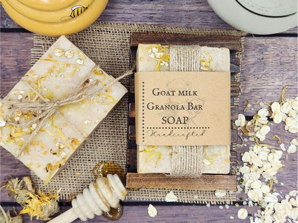 Fresh Goat Milk Granola Bar Soap, Honey ,Oatmeal, Calendula and Hemp Seeds, Rustic Farmhouse, Handcrafted 130g