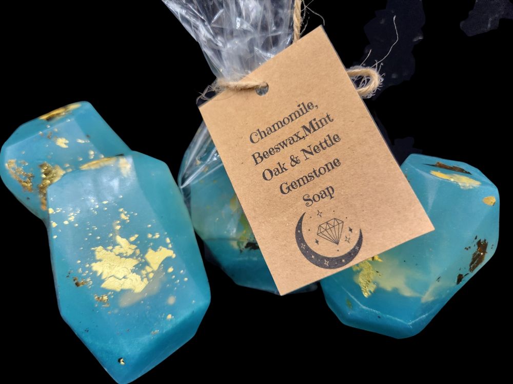 Gemstone Glycerin Soap- Chamomile, Beeswax, Mint, Oak and Nettle-Handpainted Gold Leaf