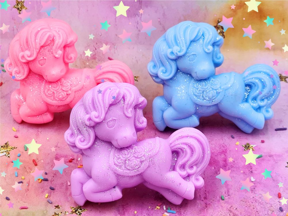 Little Ponies Sparkly Glycerin Soap, Strawberries and Cream, Jelly Beans, Candy Fluff, 65 Grams