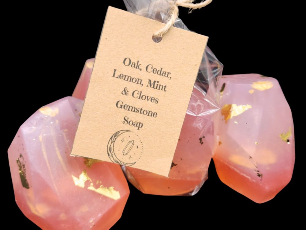 Gemstone Glycerin Soap- Oak, Cedar, Lemon, Mint and Cloves-Handpainted Gold Leaf